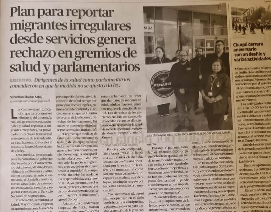 Fenpruss Antofagasta rechaza en El Mercurio de Antofagasta plan del Gobierno para reportar migrantes en centros de salud
